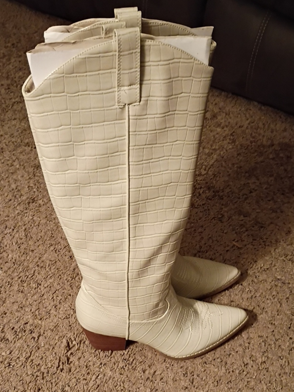 New In Box.Women's Cream Croc-Embossed Knee-High Western Boots